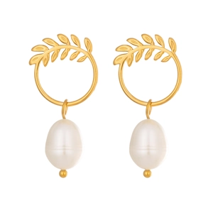 Golden olive leaf wreath earrings with white freshwater pearl drop pendants