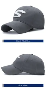 Detailed side views of dark grey cotton baseball cap with white letter S embroidery