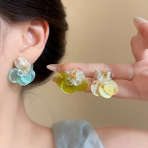 Sweet Shell Flower Stud Earrings With Silver Earring Post Vibrant Dopamine Color Refreshing Beach Vacation Style Rhinestone Flower Ear Jewelry For Women