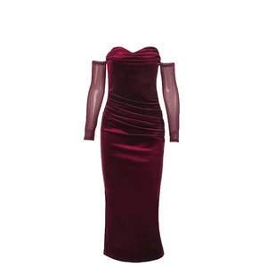 Burgundy velvet off-shoulder dress with mesh sleeves and ruched waist detail