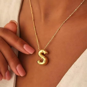 Chubby 3D balloon letter S pendant necklace in gold finish with thin bead chain