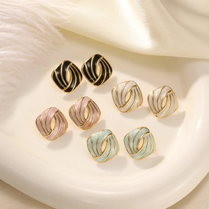 French vintage enamel square earrings in black white pink and green colors