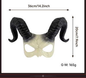Detailed dimensions of the white demon ram horn mask showing height, width and weight
