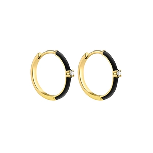 Macro detail of gold-plated hoop earrings with black enamel inlay and clear zircon stone