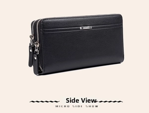 Detail of black pebbled leather men's long wallet featuring dual silver zippers and metal logo