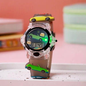 Cartoon car children's digital watch with grey silicone strap and luminous display
