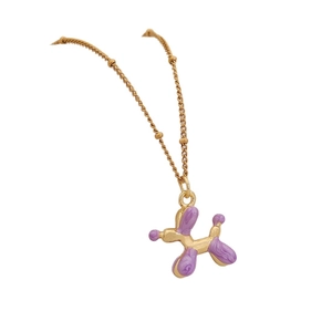 3D purple balloon dog pendant necklace in gold finish on a clean white background