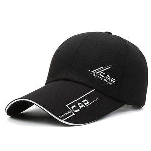 Black cotton baseball cap with white piping and CAP Sport Style print in a side view