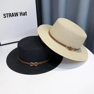 Straw Boater Hat Flat Top Summer Beach Vacation Sunscreen Breathable Elegant Retro Faux Leather Band Metal Buckle Women