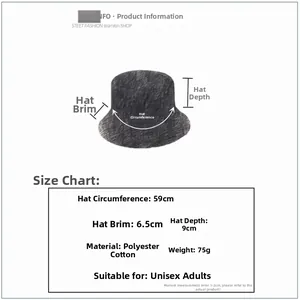 Size chart showing 59cm circumference and 6.5cm brim for the reversible bucket hat