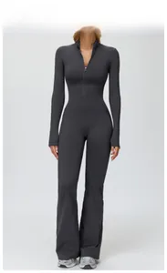 Detail of dark grey fleece-lined jumpsuit with stand collar and flared leg bottoms
