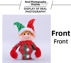 Front view of Christmas gnome plush doll featuring red and green sequins with plaid body