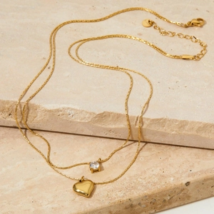 Stainless Steel Double Layer Necklace With Heart Pendant And Round Zircon Minimalist Elegant Jewelry For Women