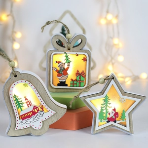 Lighted wooden Christmas tree pendants with LED ornaments for festive scene decoration