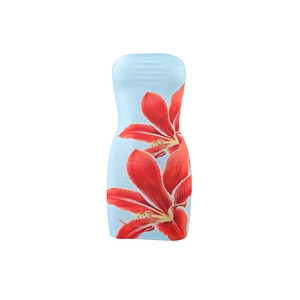 Detail of the vibrant red floral print on a light blue bodycon tube mini dress