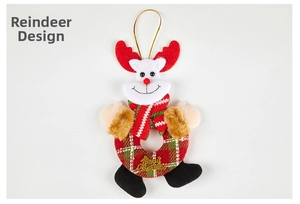 Detail of Christmas reindeer ornament in red plaid fabric with gold Merry Christmas embroidery