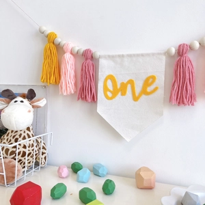 Nordic style 'One' high chair banner with pink tassels and wooden beads for 1st birthday decor