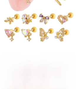 Detail view of 1.2x6mm stainless steel ear studs with zircon butterfly and heart designs