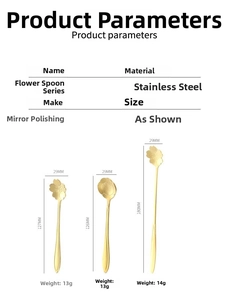 Size chart showing polished golden stainless steel flower spoons with measurements