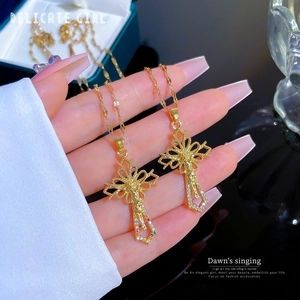 Gold titanium steel cross necklaces with colorful micro-inlaid zircon for women