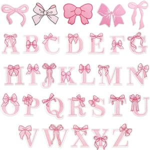 Alphabet Bowknot Embroidery Patches Pink Letters Iron On Applique For Clothing Bag Decoration DIY Sewing Craft