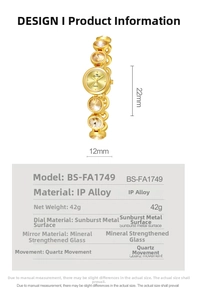 Dimensions détaillées de la montre à quartz dorée avec cristaux et cadran soleil