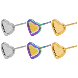 Close-up of heart-shaped 304 stainless steel stud earrings in gold, silver and rainbow colors