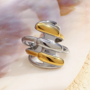 Macro shot of 18K gold and silver two-tone layered industrial style stainless steel ring