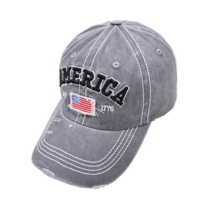 Detail of vintage grey washed cotton baseball cap with AMERICA 1776 embroidery