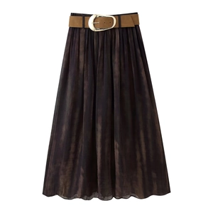 Gonna Midi Pieghe Donna Vita Alta Chiffon Con Cintura Camoscio Grande Fibbia Dorata Vintage Sexy
