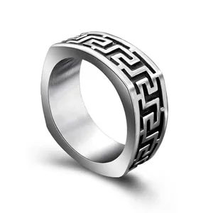 Men's titanium steel ring with Great Wall Greek Key pattern in a matte black silver finish
