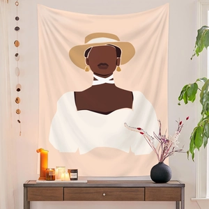 Boho-Wandteppich mit Frauenporträt und Sonnenhut für moderne Zimmerdekoration