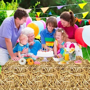 Straw texture rectangle PE disposable tablecloth for western farm themed party decoration