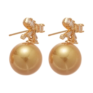 Elegant bow knot earrings with champagne pearls and sparkling cubic zirconia on white background