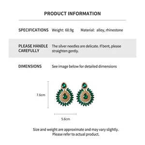Detailed chart showing emerald green rhinestone drop earrings dimensions and 60.9g weight