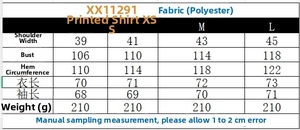 Tabella taglie dettagliata per completo camicia e pantaloni con motivi geometrici