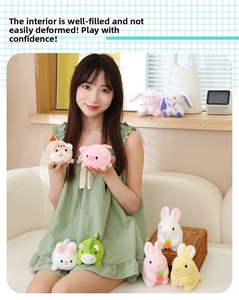 Detail of plush animal pull-string toys including pig and rabbit in a cozy home setting