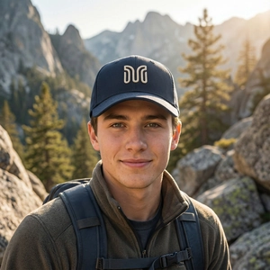 Navy blue baseball cap with white embroidery shown on a model with mountain background