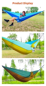 Detailed views of three color options of portable nylon parachute fabric camping hammocks