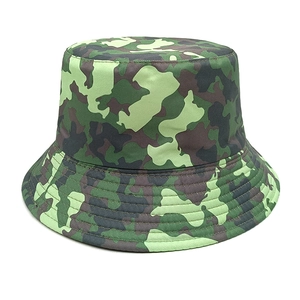 Detail of camouflage bucket hat showing heavy-duty canvas texture and reinforced stitching