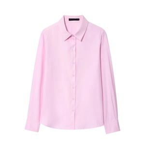 Elegant light pink long sleeve button-down shirt with classic pointed collar for women