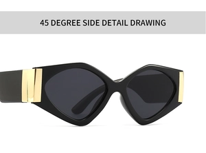 Detailed 45 degree side view of modern black sunglasses with wide gold metal trim on temples