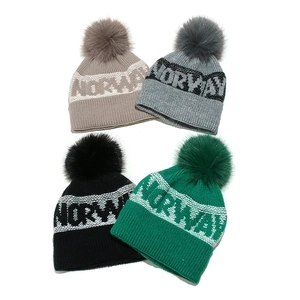 Norway jacquard knit beanies with faux fur pom poms in khaki grey black and green