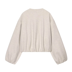 Back view of light grey knit bomber jacket with ribbed hem and dropped shoulders