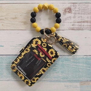 Silicone bead keychain bracelet with sunflower pattern card holder and tassel charm