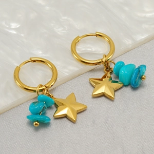 Vintage Star Charm Hoop Earrings For Women Gold Plated Stainless Steel With Natural Turquoise Stone Beads Geometric