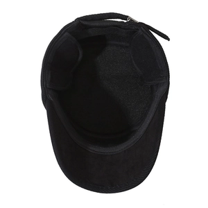 Black winter wool flat cap for elderly men featuring warm ear flaps and adjustable strap