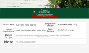 Table showing dimensions and weights for small to large red Christmas bows for holiday decor