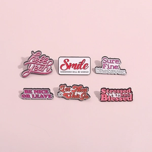 Set of 6 pink enamel lapel pins with funny slogans for creative clothing accessories