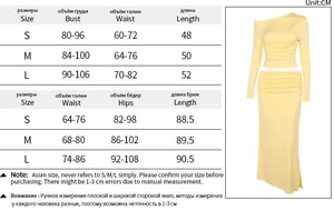Size chart for off-shoulder long sleeve top and midi skirt set in sizes S, M, L